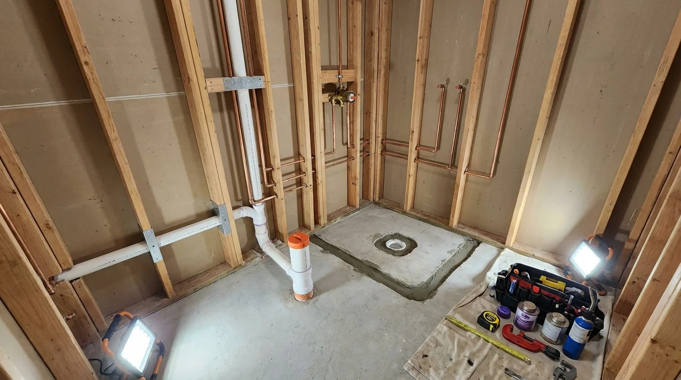 Bathroom rough-in plumbing during remodel by Johns Plumbing LLC in Golconda