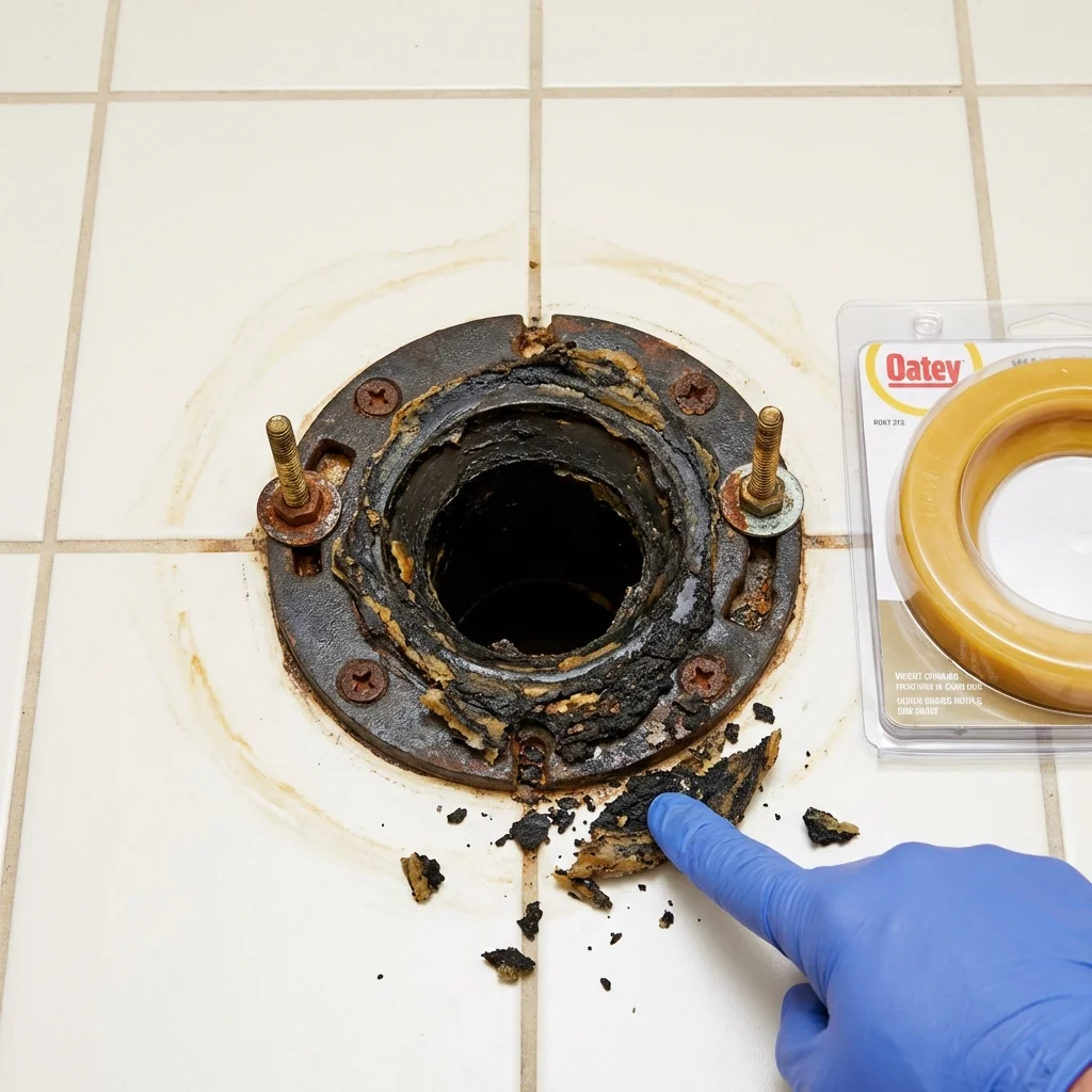 Failed wax ring showing water seepage at the base of a toilet in a Golconda, IL home
