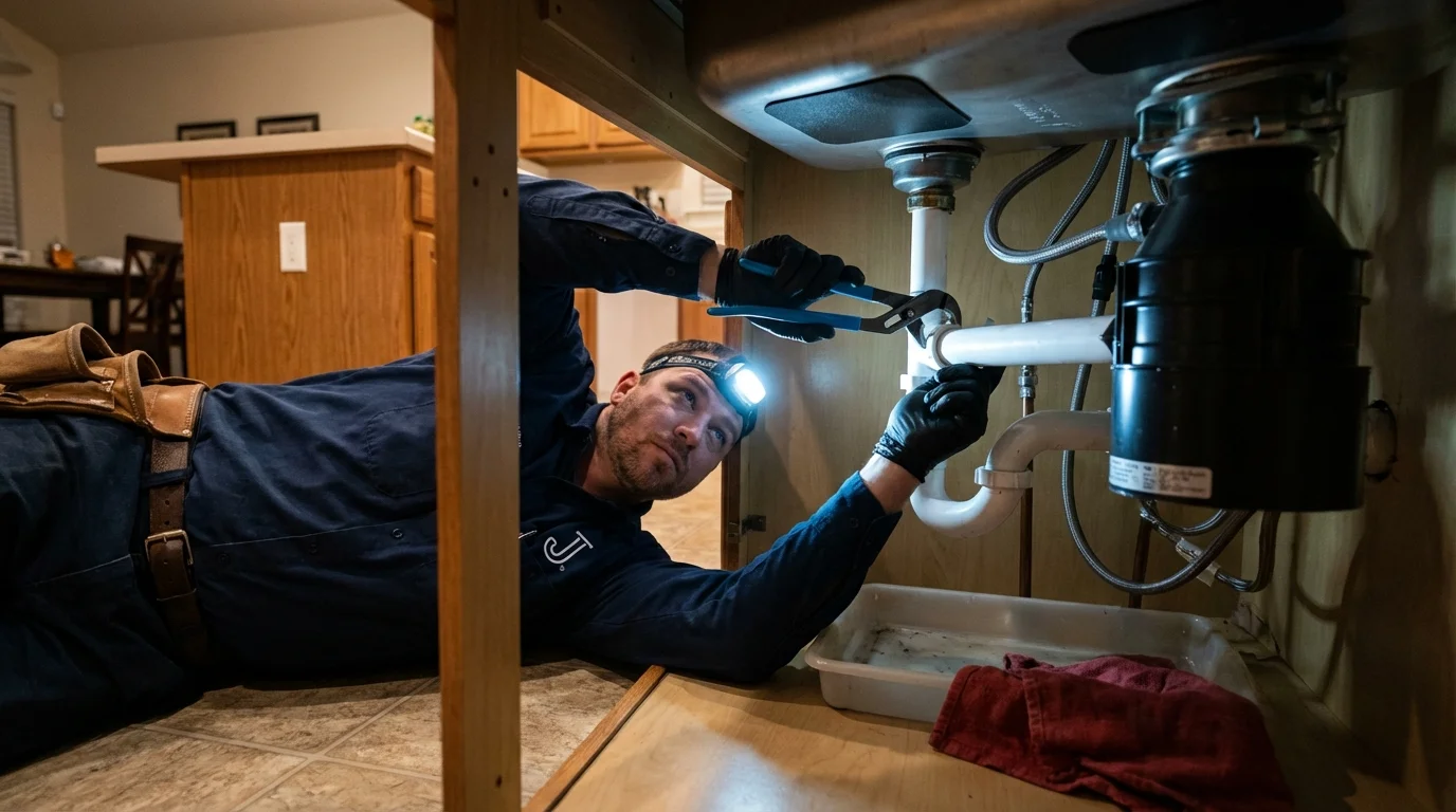 P-trap and supply line connections under a kitchen sink showing a common leak point in Golconda, IL